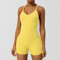 Style V-Neck Bodysuit Yoga Thin Strap Cross Back Yoga Wear Slim Fit Shorts Sleeveless with Built-in Bra