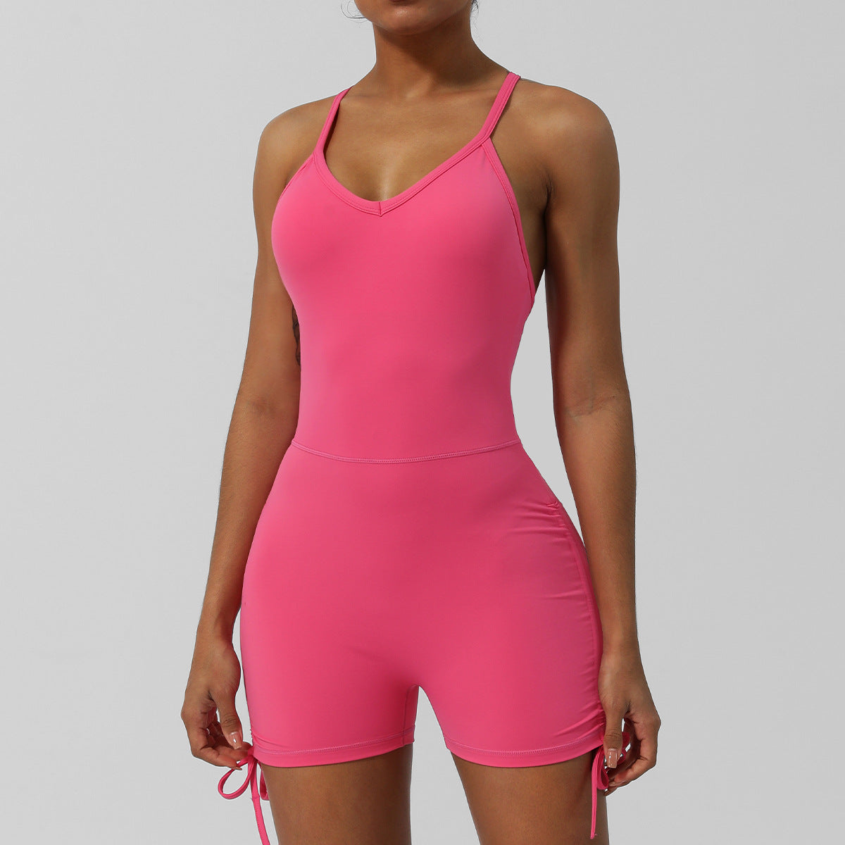 Style V-Neck Bodysuit Yoga Thin Strap Cross Back Yoga Wear Slim Fit Shorts Sleeveless with Built-in Bra