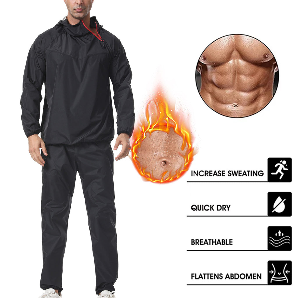 Men's Cross-Border European Plus-Size Sauna Long-Sleeve Set Sports Fitness Running Sweat Suit Hooded Gym Wear