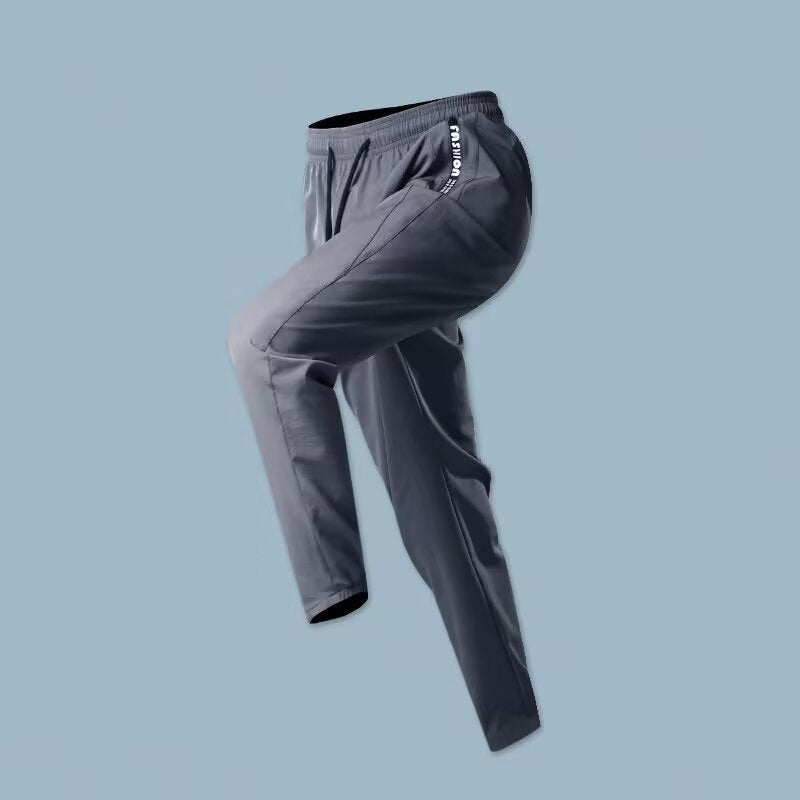 Men's Summer Sports Pants High Elasticity Quick-Dry Running Fitness Basketball Athletic Straight-Leg Zipper Pants