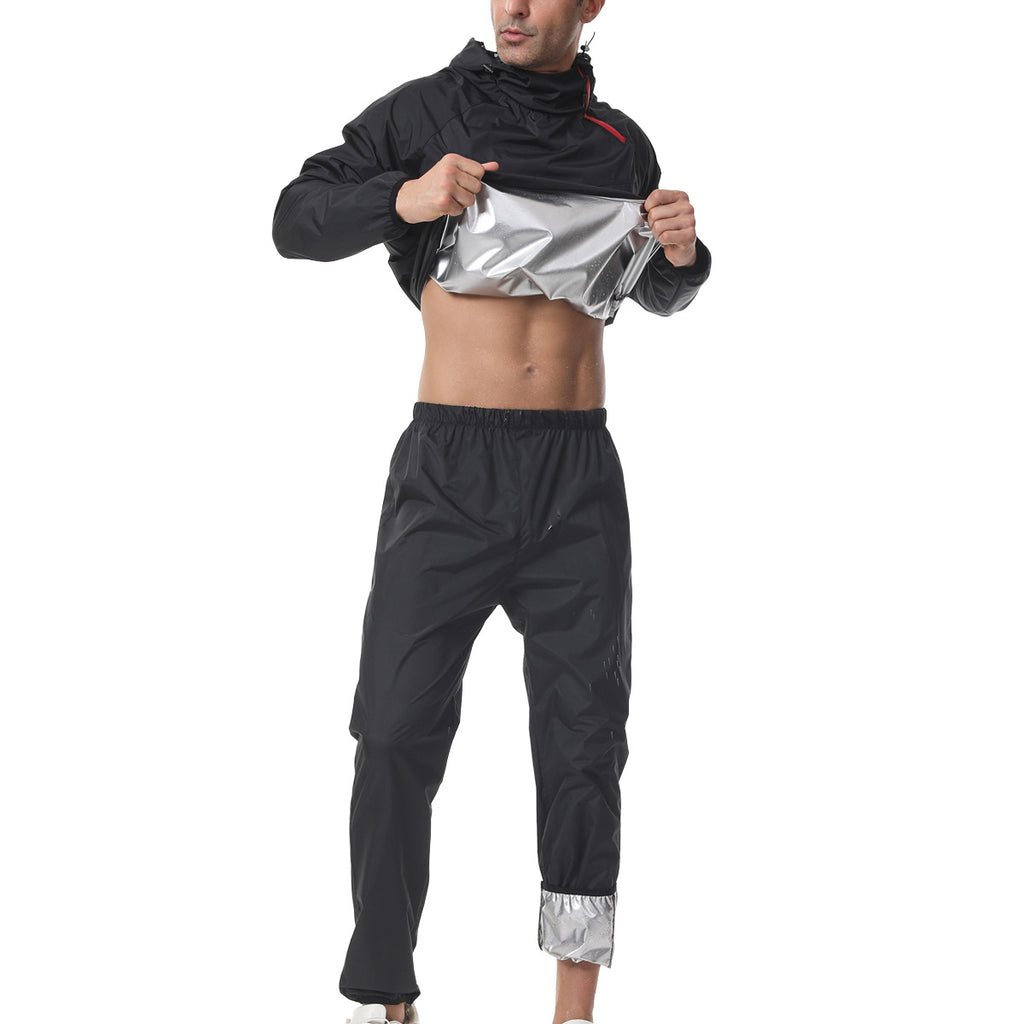 Men's Cross-Border European Plus-Size Sauna Long-Sleeve Set Sports Fitness Running Sweat Suit Hooded Gym Wear