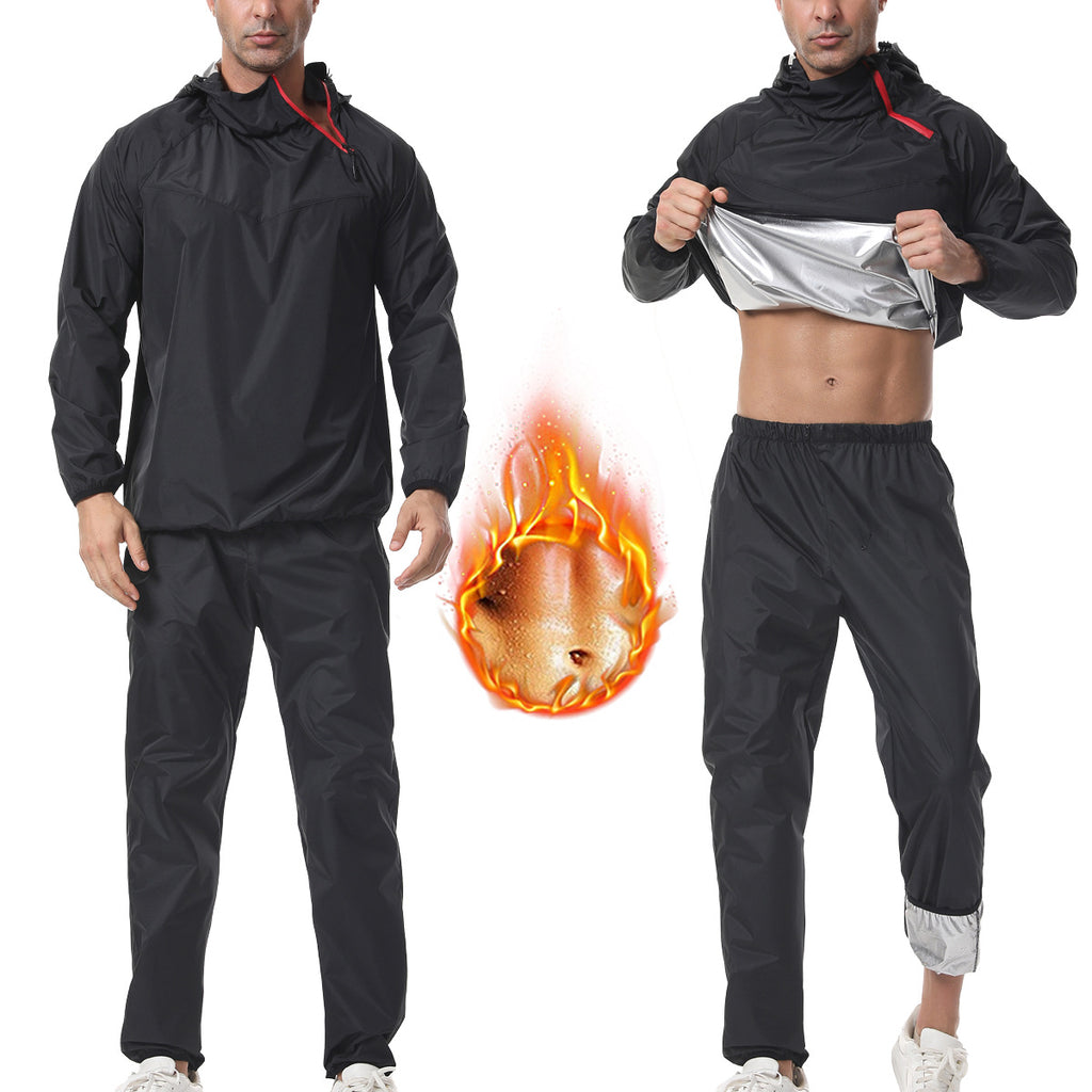Men's Cross-Border European Plus-Size Sauna Long-Sleeve Set Sports Fitness Running Sweat Suit Hooded Gym Wear