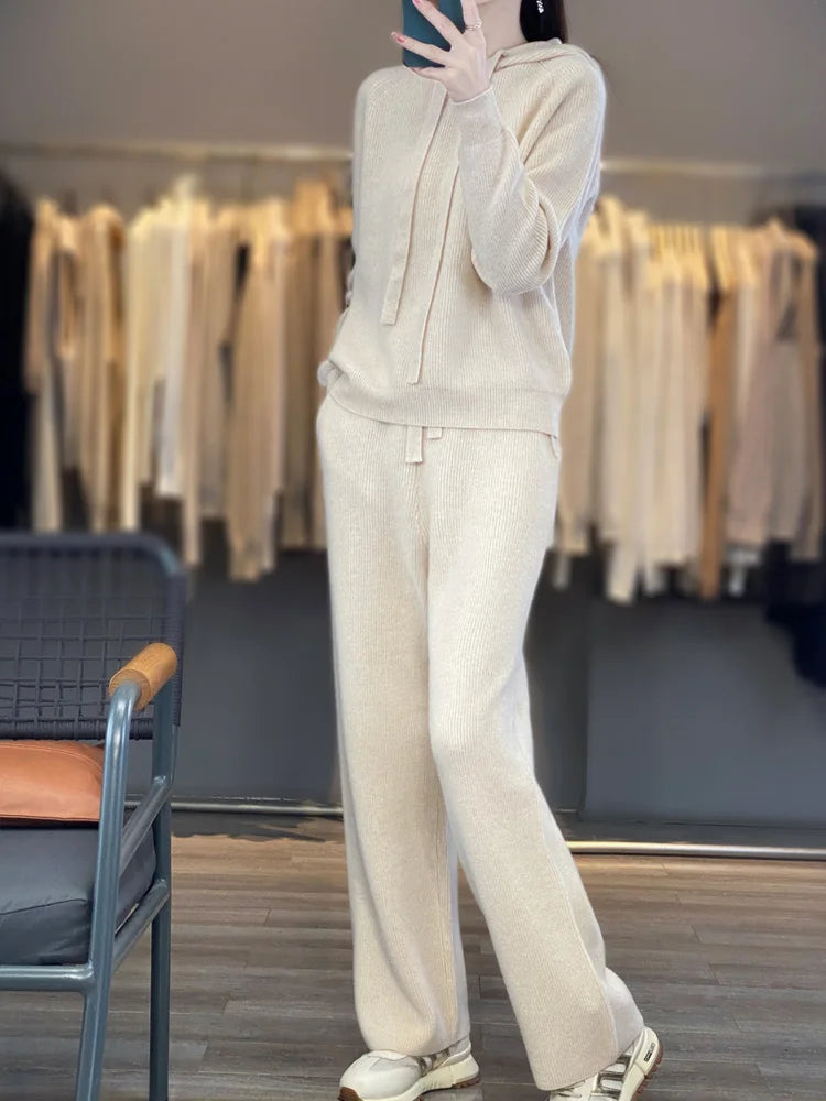 100%Australian Wool Knitted 2 Piece Sets Women Casual Long Sleeve Hooded Sweater Elastic High Waisted Wide Leg Pants Suit Outfit