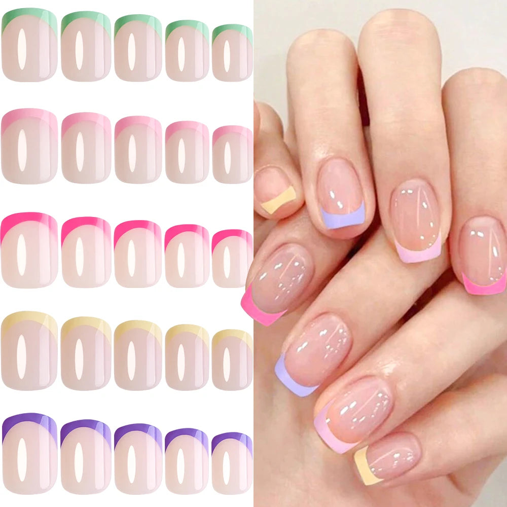120Pcs French Colorful Wearable False Nails Short Square Fake Nails Full Cover Press on Nails Detachable Artificial Fingernails