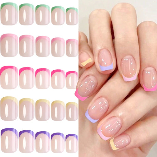 120Pcs French Colorful Wearable False Nails Short Square Fake Nails Full Cover Press on Nails Detachable Artificial Fingernails