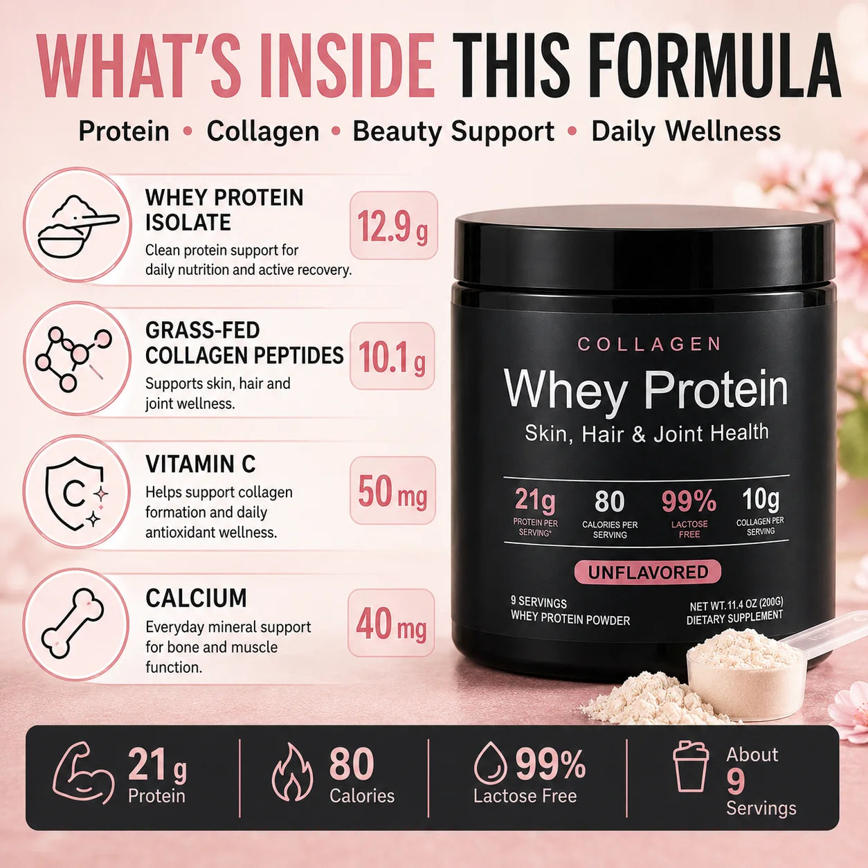 Collagen Whey Protein Powder 21g Protein 10g Collagen Peptides, Unflavored 99% Lactose Free Fitness Nutrition Shake 9 Servings