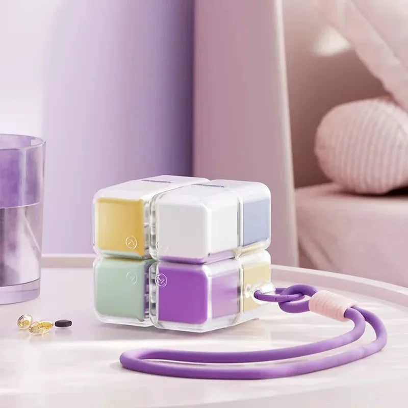 1PC Creative Magic Cube 8-Grid Medicine Storage Box, Sealed Moistureproof with Hanging Rope Travel Essential