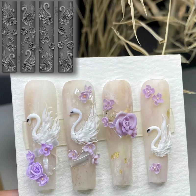 Elegant Swan Rose Bow 3D Flower Silicone Nail Mold Gauze Curtain Art DIY Nail Art Mould for Creative Beauty Crafts