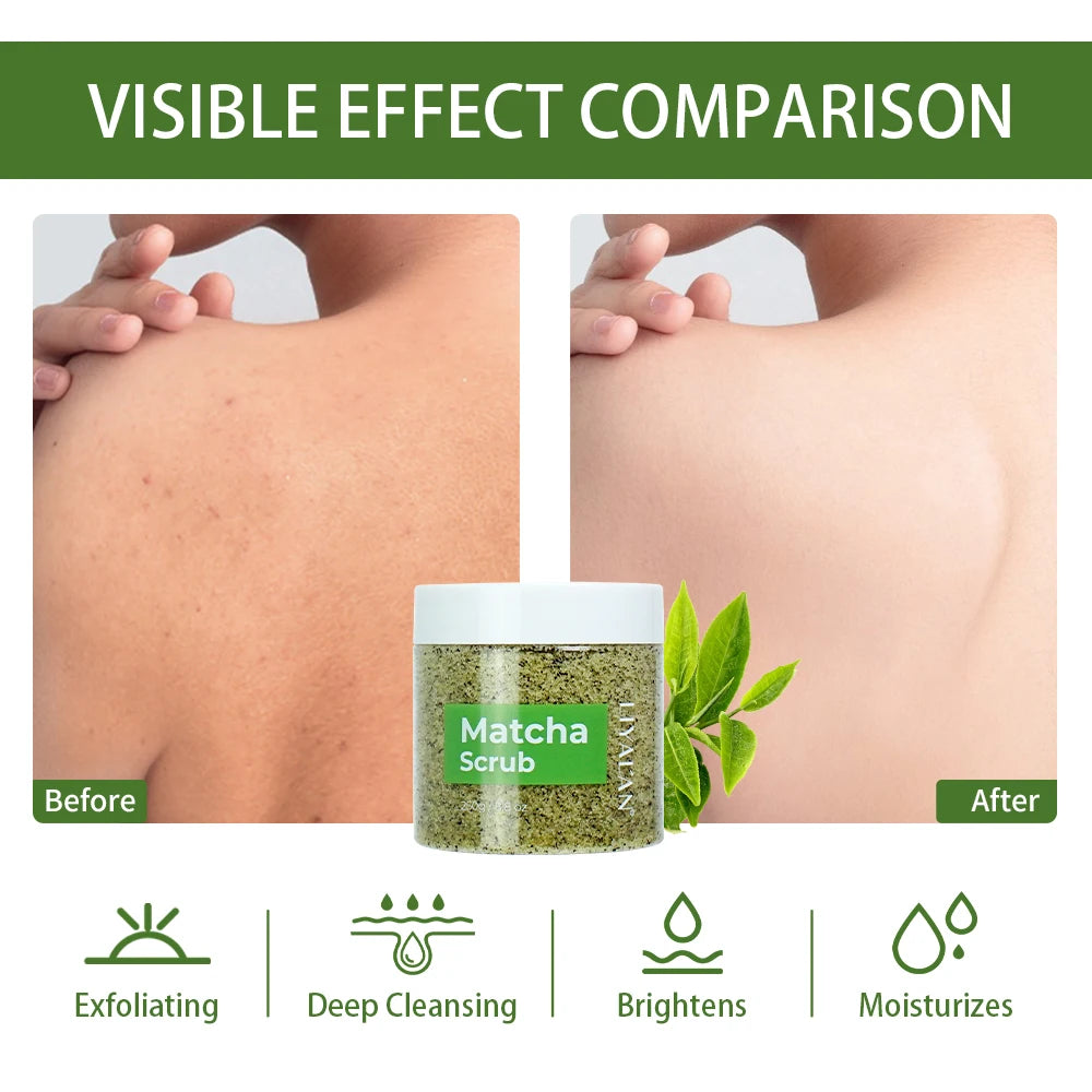 Matcha Green Tea Scrub Body Exfoliating Sea Salt Deep Cleansing Softening with Almond Oil Nourishing Moisturizing Even Skin Tone