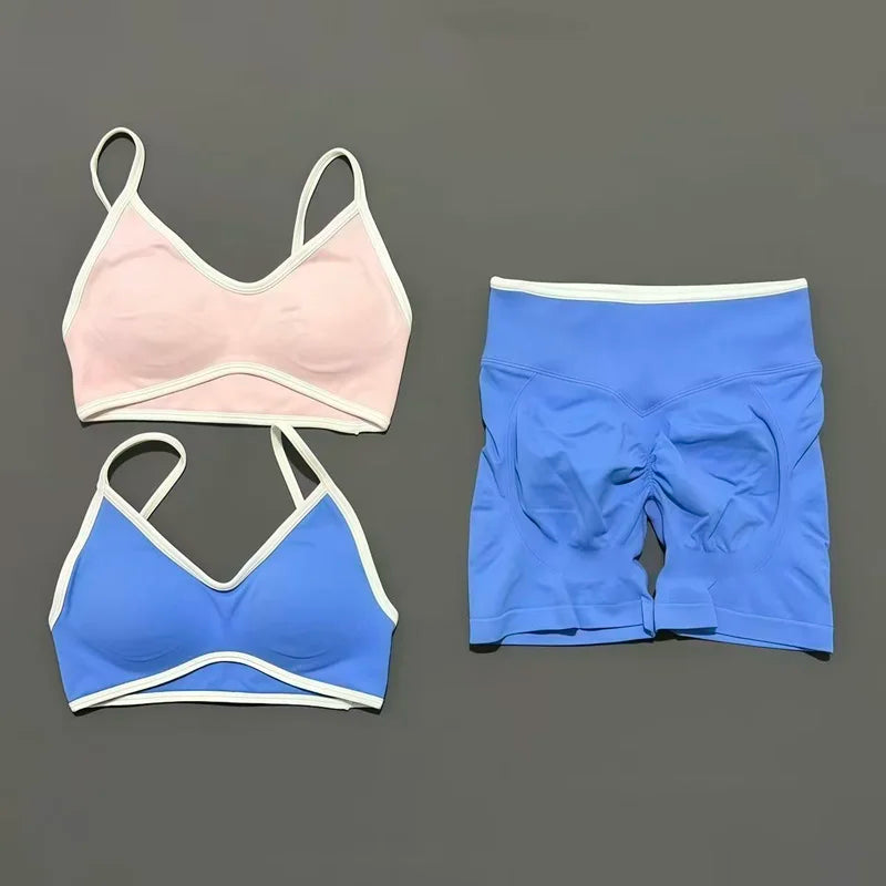 HISTELLO 2 Piece Gym Set Women Seamless Sports Clothes Tummy Control Gym Shorts High Support Yoga Bra Top Pilates Fitness Sets