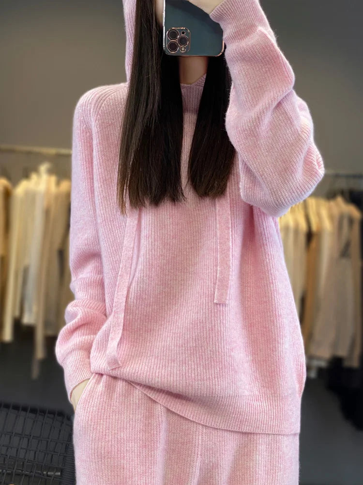 100%Australian Wool Knitted 2 Piece Sets Women Casual Long Sleeve Hooded Sweater Elastic High Waisted Wide Leg Pants Suit Outfit