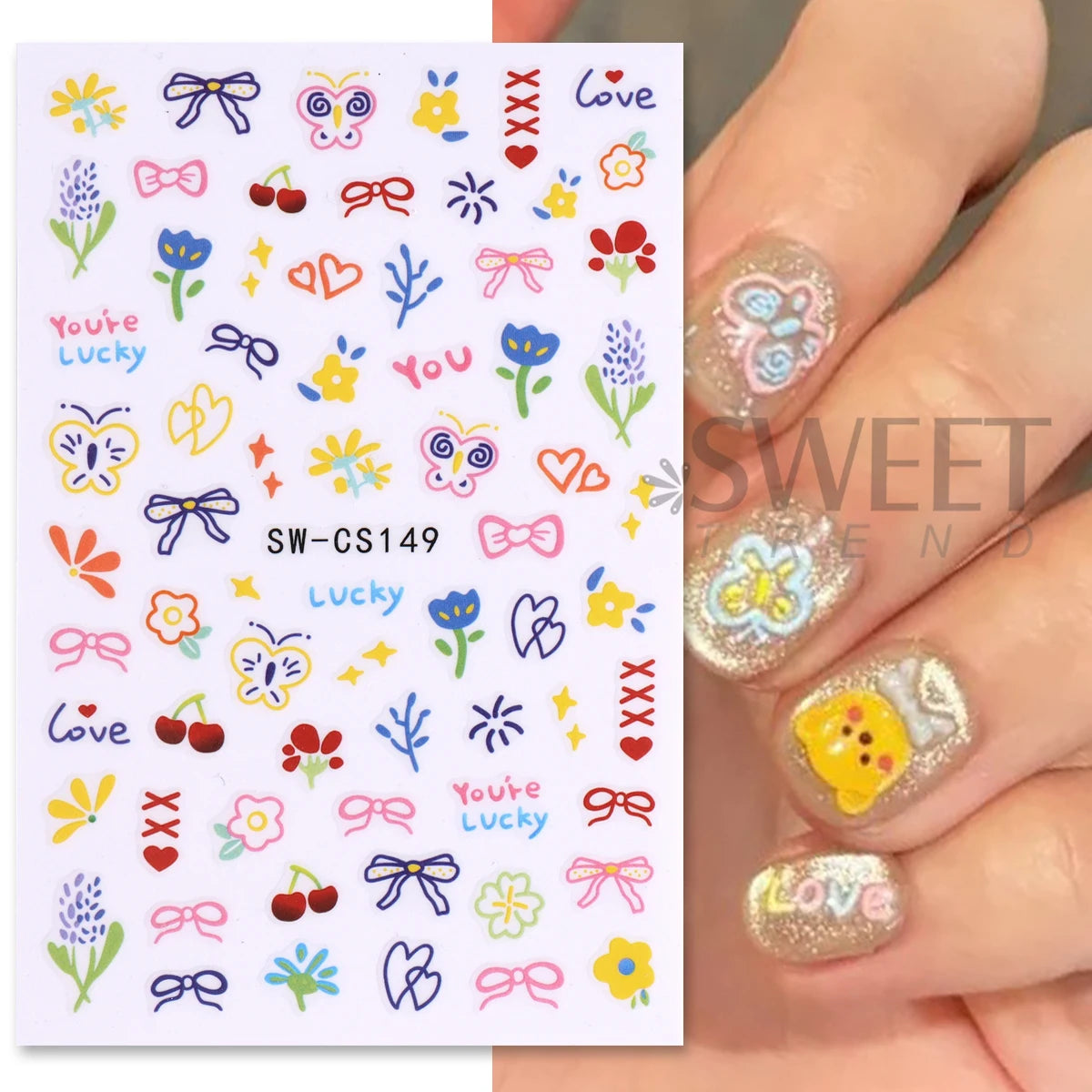 2/3pcs Adorable Graffiti Dinosaur Nail Stickers Simple Heart Dog Butterfly Bow Cartoon Design Colorful Decal Manicure Foil Wraps
