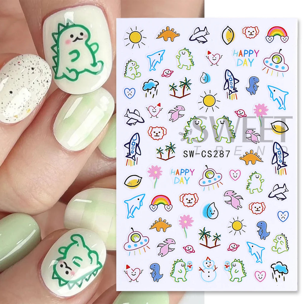 2/3pcs Adorable Graffiti Dinosaur Nail Stickers Simple Heart Dog Butterfly Bow Cartoon Design Colorful Decal Manicure Foil Wraps