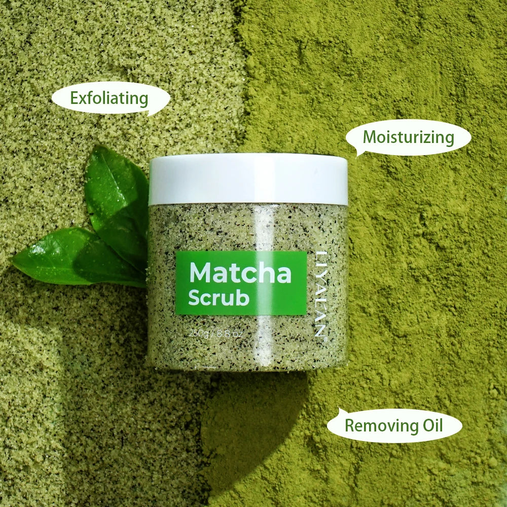 Matcha Green Tea Scrub Body Exfoliating Sea Salt Deep Cleansing Softening with Almond Oil Nourishing Moisturizing Even Skin Tone