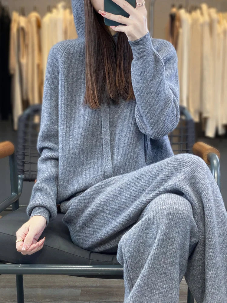 100%Australian Wool Knitted 2 Piece Sets Women Casual Long Sleeve Hooded Sweater Elastic High Waisted Wide Leg Pants Suit Outfit