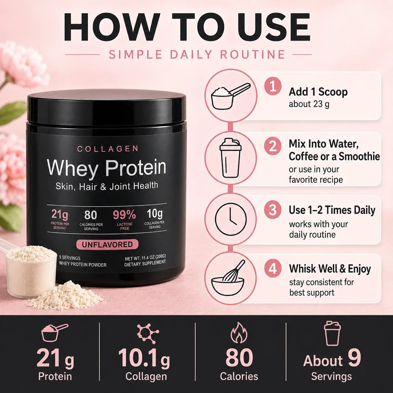 Whey Protein Powder Unflavored Muscle Recovery Joint Health Skin Hydration Grass-Fed Collagen Daily Nutrition Support