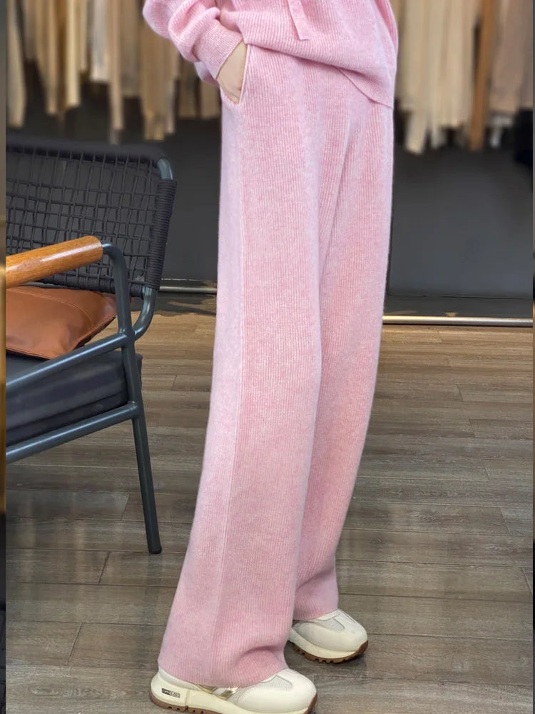 100%Australian Wool Knitted 2 Piece Sets Women Casual Long Sleeve Hooded Sweater Elastic High Waisted Wide Leg Pants Suit Outfit
