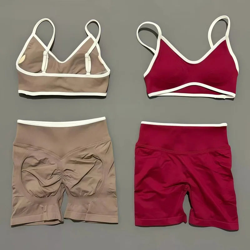 HISTELLO 2 Piece Gym Set Women Seamless Sports Clothes Tummy Control Gym Shorts High Support Yoga Bra Top Pilates Fitness Sets