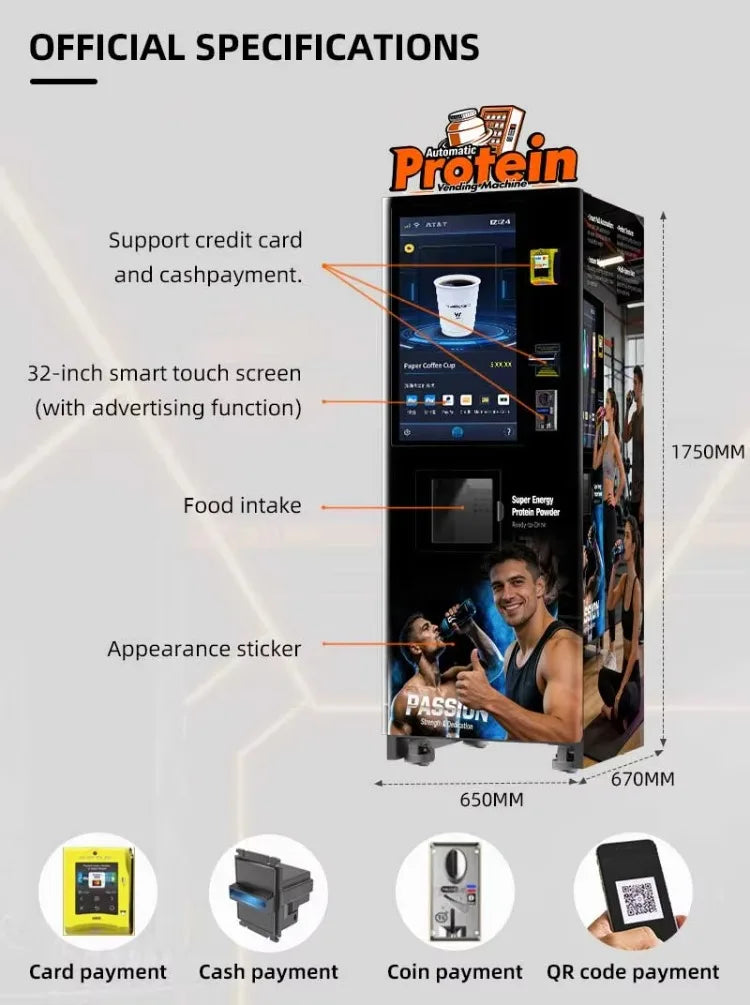 Protein Shake Vending Machine Fully Automatic Powder Mixing System Smart Screen Commercial Dispenser Self-Service Gym