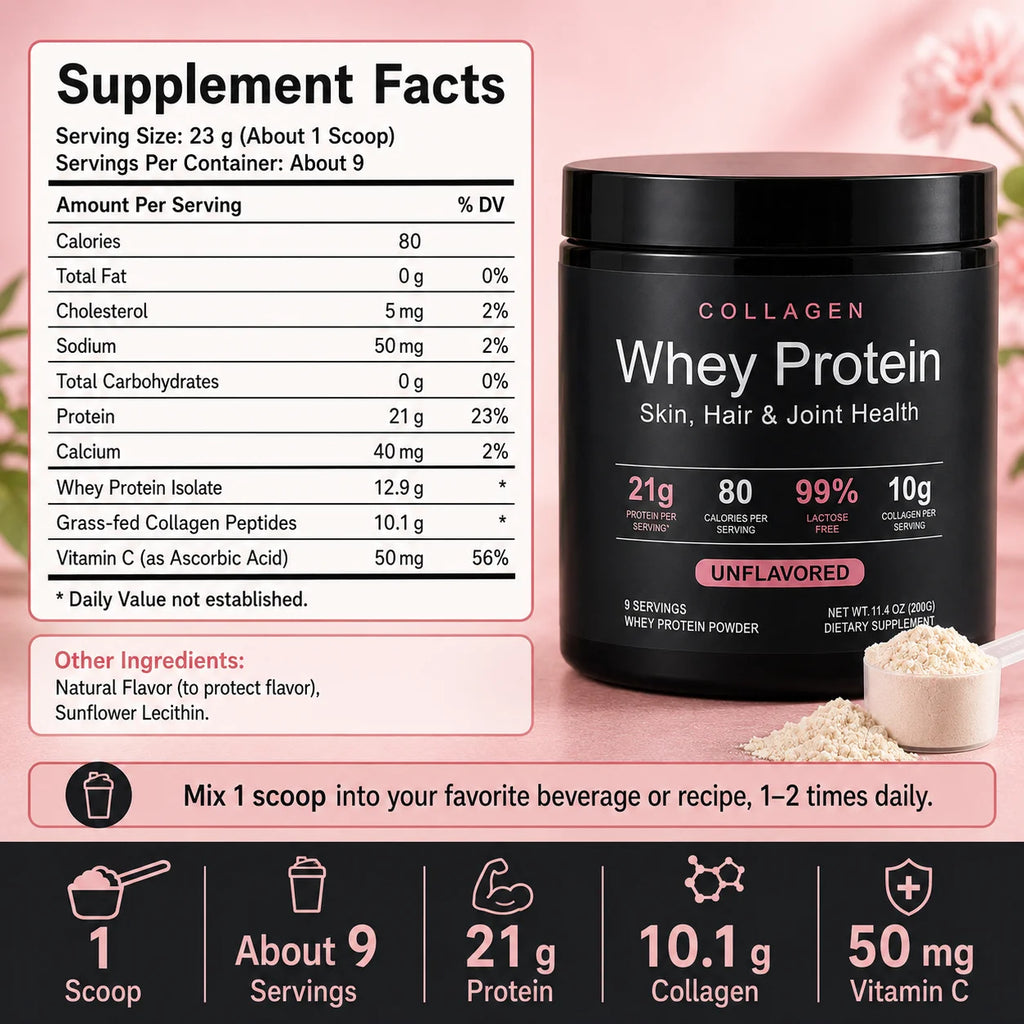 Collagen Whey Protein Powder 21g Protein 10g Collagen Peptides, Unflavored 99% Lactose Free Fitness Nutrition Shake 9 Servings