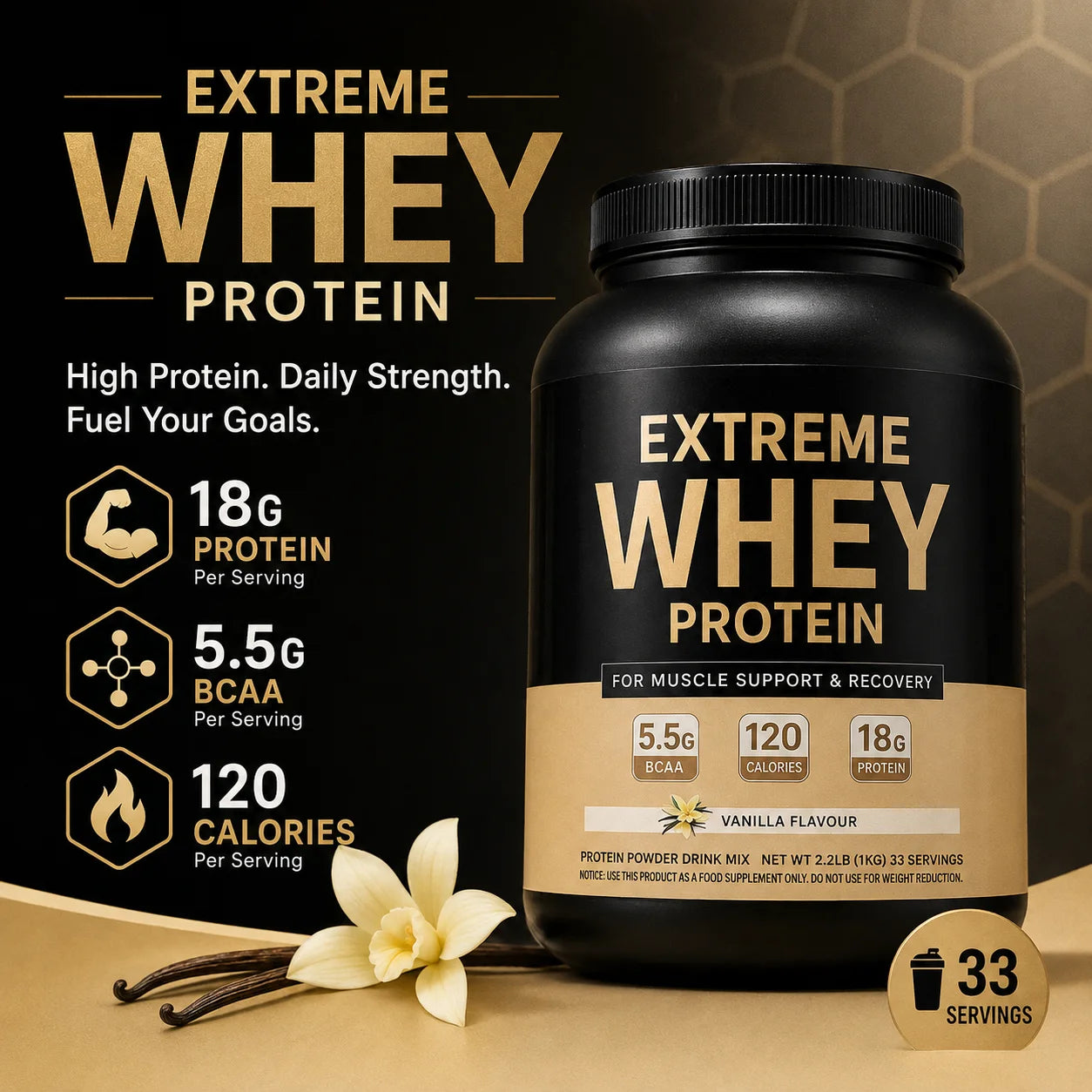 Whey Protein Powder 18g Protein 5.5g BCAA Vanilla Post-Workout Muscle Recovery & Growth Support 120 Cal 33 Servings Gym Fitness