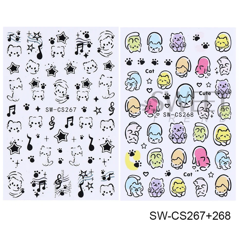 2/3pcs Adorable Graffiti Dinosaur Nail Stickers Simple Heart Dog Butterfly Bow Cartoon Design Colorful Decal Manicure Foil Wraps