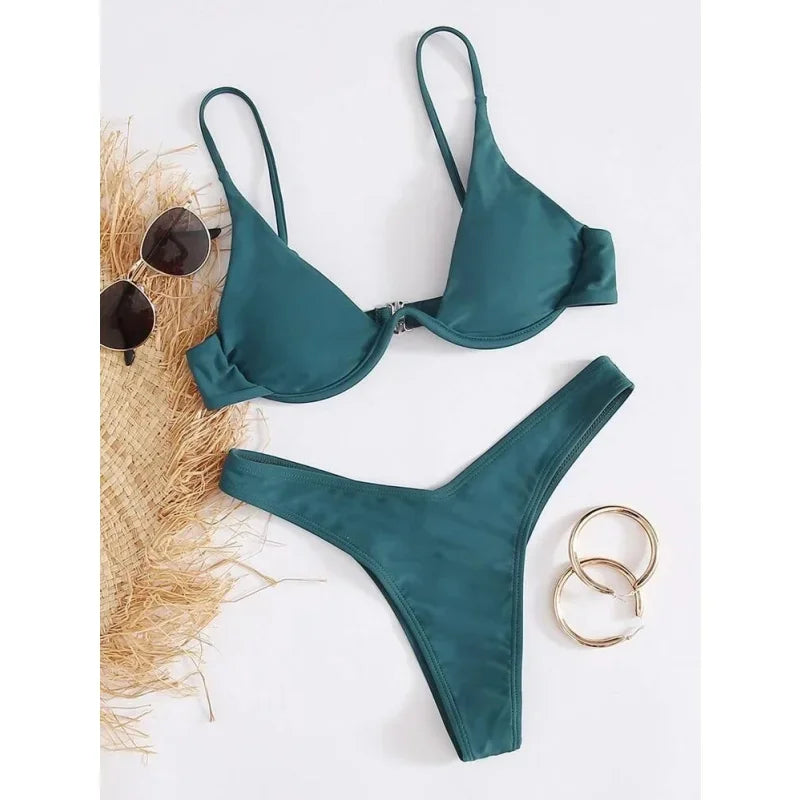 Split Bikini Push Up Swimsuit Women Sexy Triangle High Cut Thong Bikini Set Summer 2025 New Beach Vacation Bathing Suit 2 Piece