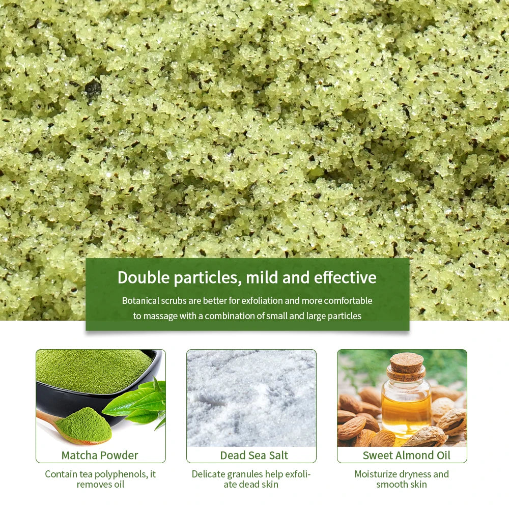 Matcha Green Tea Scrub Body Exfoliating Sea Salt Deep Cleansing Softening with Almond Oil Nourishing Moisturizing Even Skin Tone