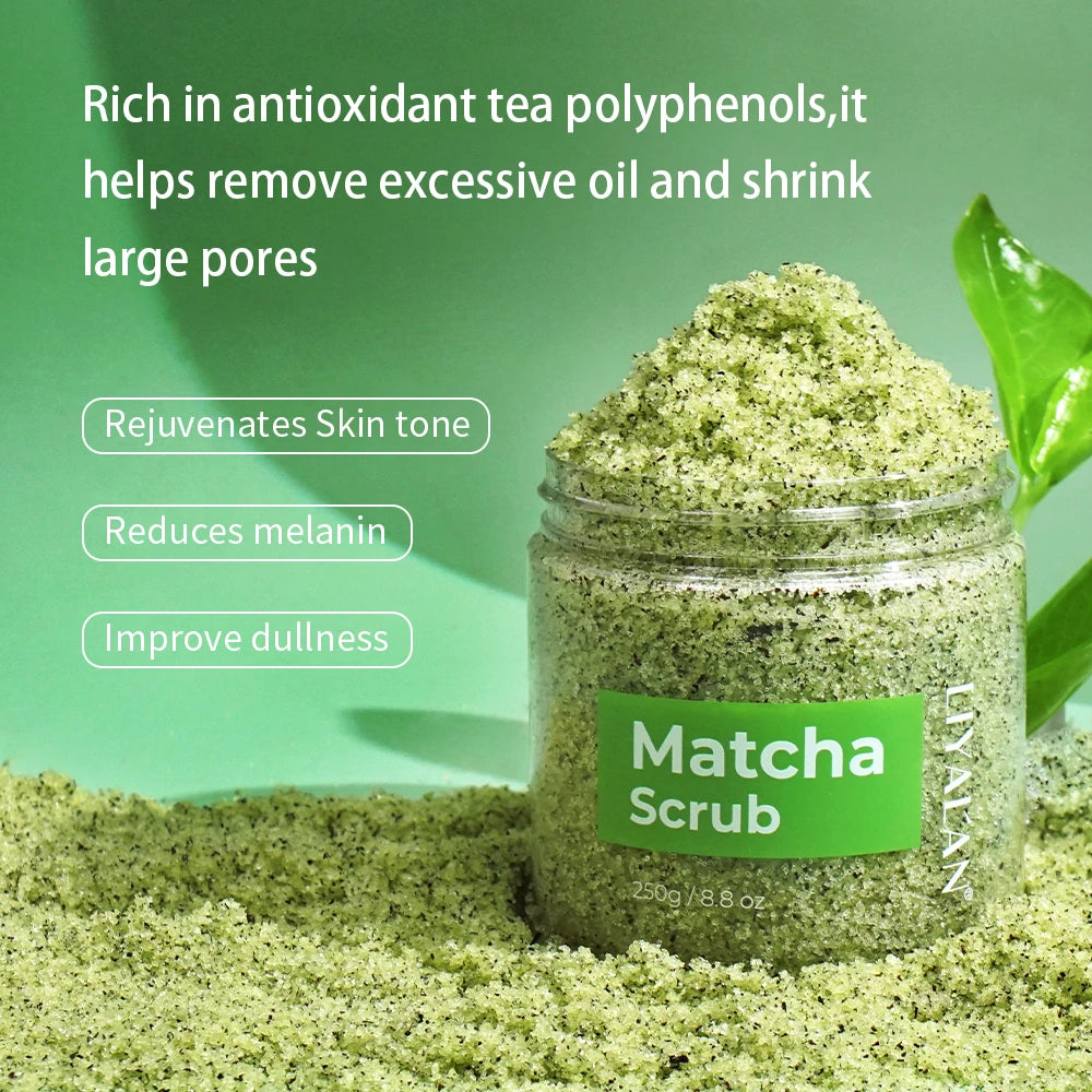 Matcha Green Tea Scrub Body Exfoliating Sea Salt Deep Cleansing Softening with Almond Oil Nourishing Moisturizing Even Skin Tone