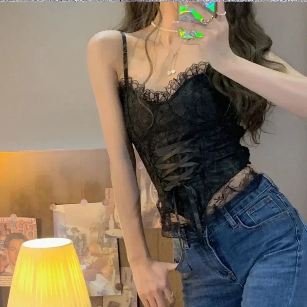 New Y2k Clothes Sexy Crop Tops Women Corset Lace Bandage T-shirt Camisole Woman Sling Tank Top Fashion Sleeveless Waistcoat Gift