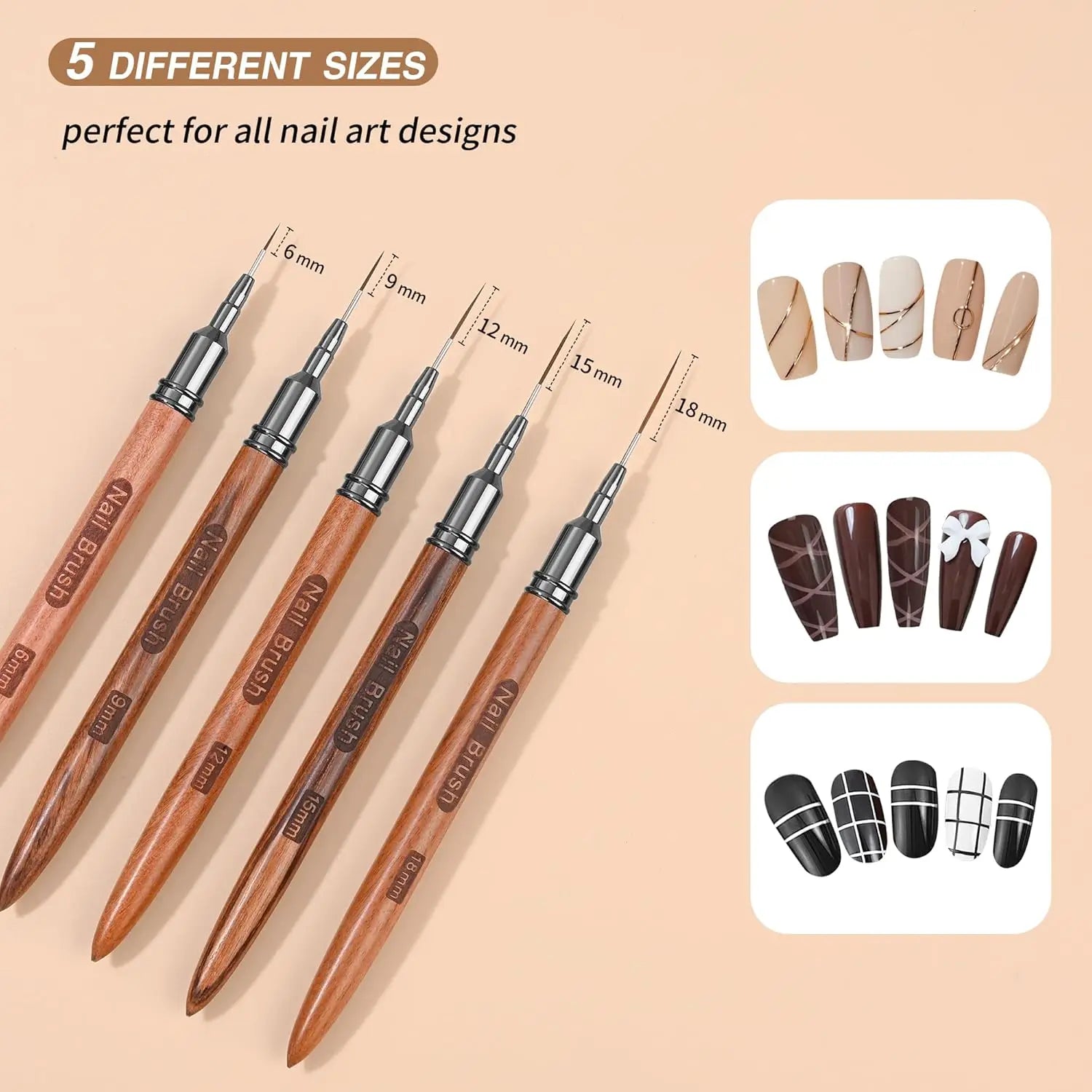 Nail Art Line Brush Set, 5-Piece Outline Brushes, Art Design Brushes for Long Lines and Detailed Painting, Sizes 6/9/12/15/18mm