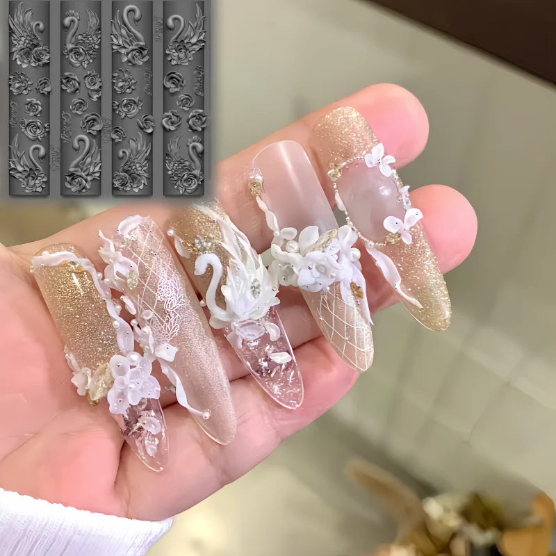 Elegant Swan Rose Bow 3D Flower Silicone Nail Mold Gauze Curtain Art DIY Nail Art Mould for Creative Beauty Crafts