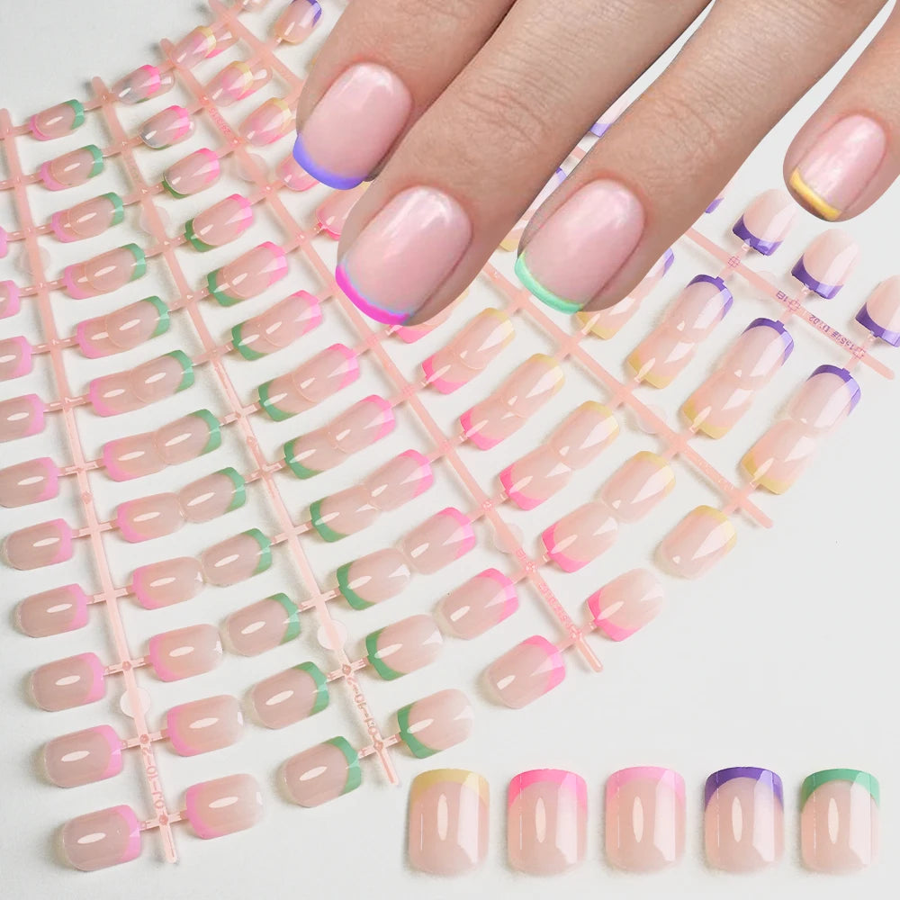 120Pcs French Colorful Wearable False Nails Short Square Fake Nails Full Cover Press on Nails Detachable Artificial Fingernails