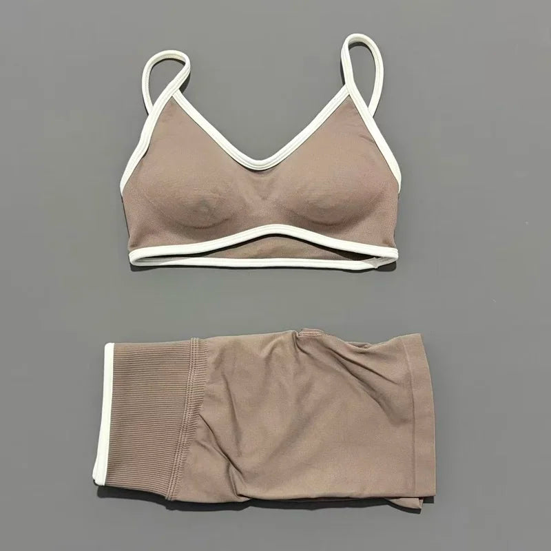 HISTELLO 2 Piece Gym Set Women Seamless Sports Clothes Tummy Control Gym Shorts High Support Yoga Bra Top Pilates Fitness Sets