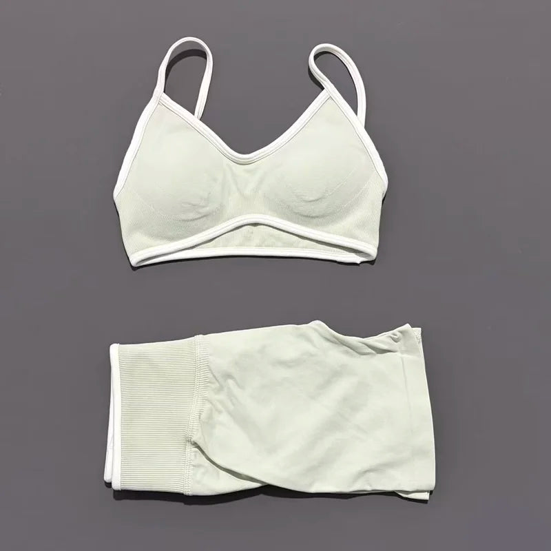 HISTELLO 2 Piece Gym Set Women Seamless Sports Clothes Tummy Control Gym Shorts High Support Yoga Bra Top Pilates Fitness Sets