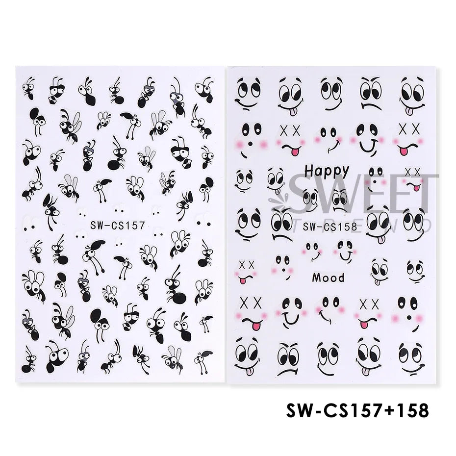 2/3pcs Adorable Graffiti Dinosaur Nail Stickers Simple Heart Dog Butterfly Bow Cartoon Design Colorful Decal Manicure Foil Wraps