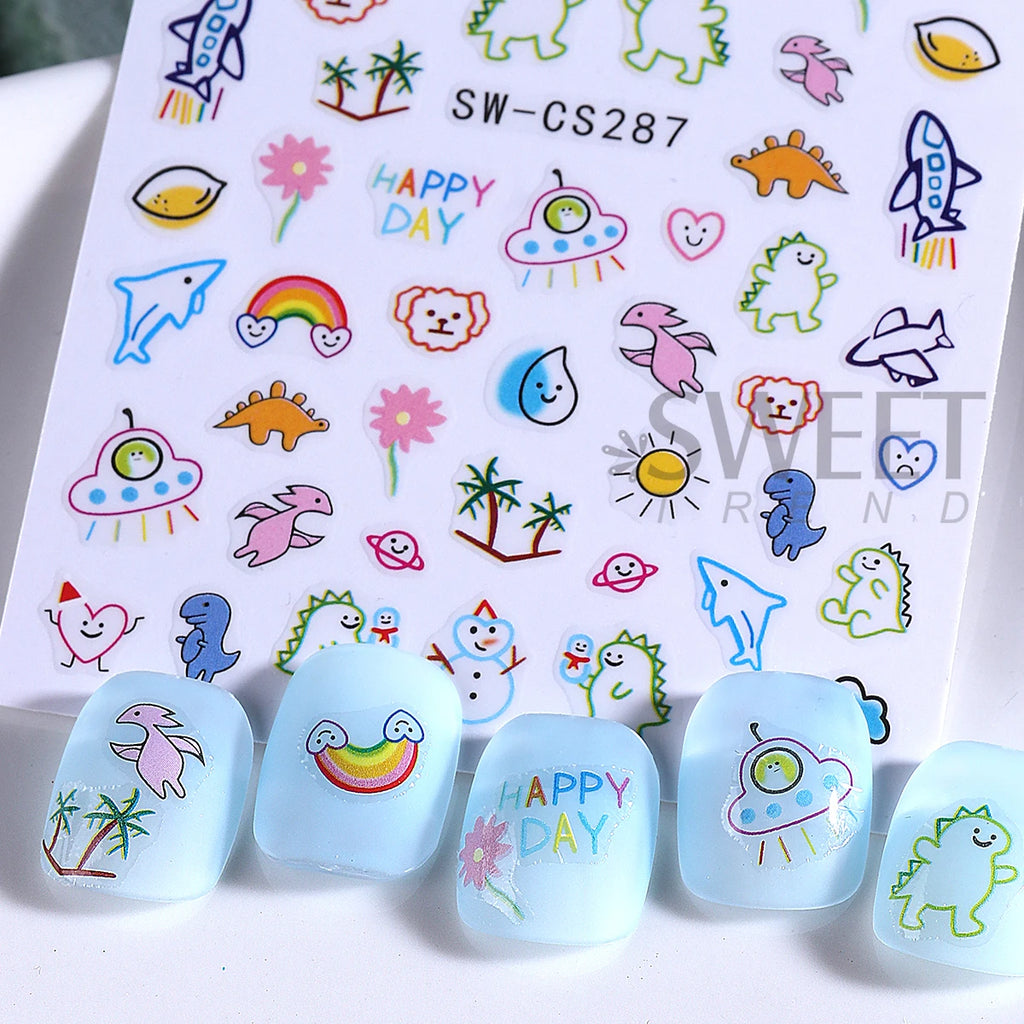 2/3pcs Adorable Graffiti Dinosaur Nail Stickers Simple Heart Dog Butterfly Bow Cartoon Design Colorful Decal Manicure Foil Wraps