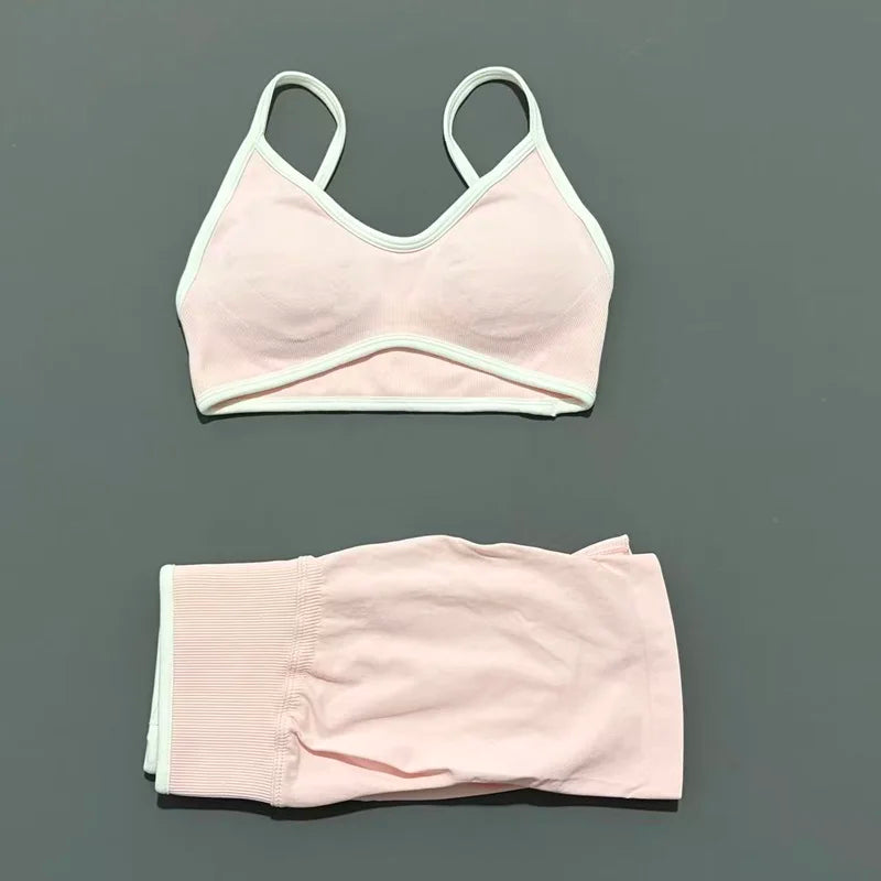 HISTELLO 2 Piece Gym Set Women Seamless Sports Clothes Tummy Control Gym Shorts High Support Yoga Bra Top Pilates Fitness Sets