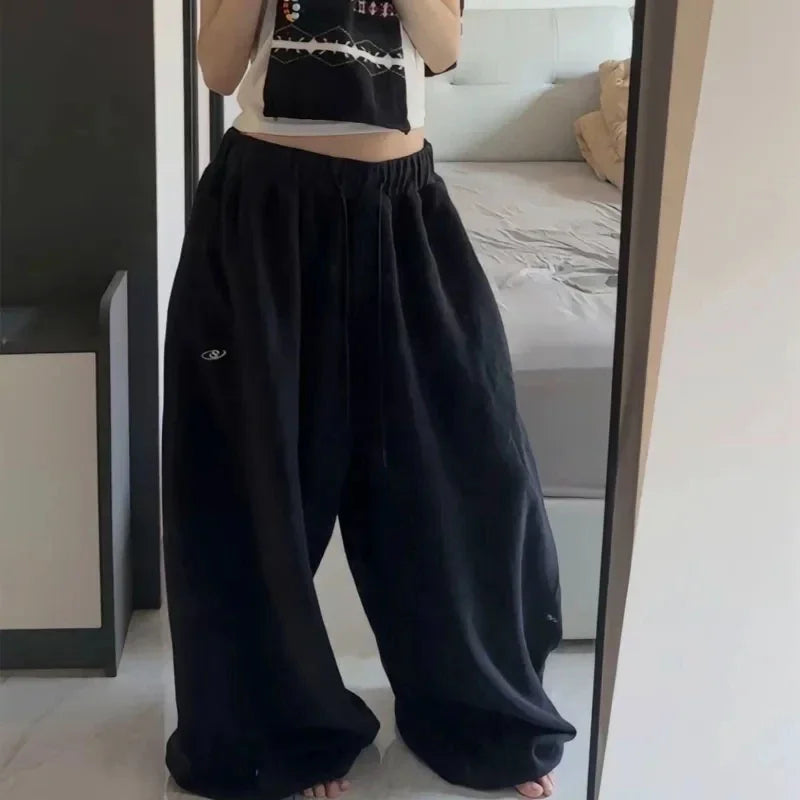 Y2K Cotton Sweatpants Woman Oversize Streetwear Loose Casual Drawstring Trousers Korean High Waist All Match Jogger Pants New