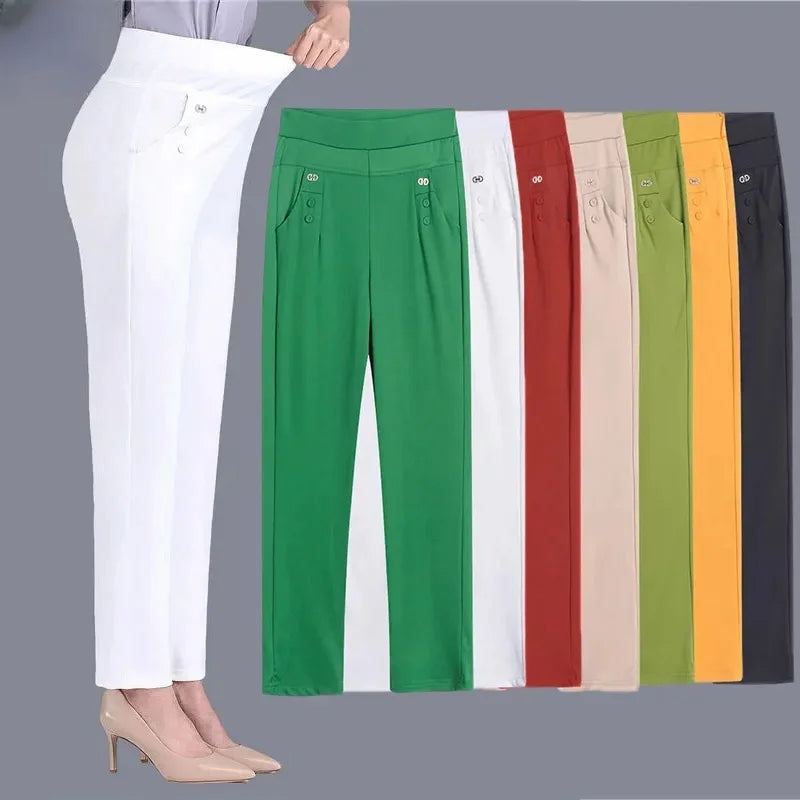 Women Thin Candy Colors Stretch Classic Pants Straight Trousers Mother Casual High Waist Pantalones Slim Ankle-Length Pants