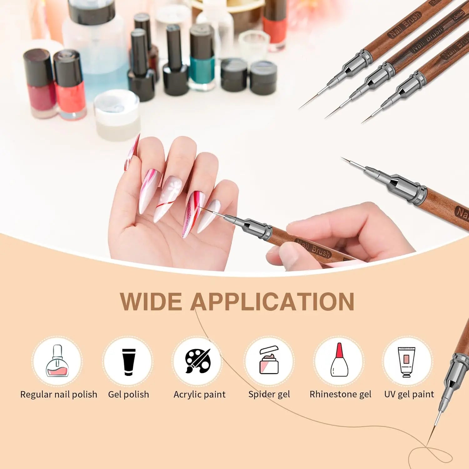 Nail Art Line Brush Set, 5-Piece Outline Brushes, Art Design Brushes for Long Lines and Detailed Painting, Sizes 6/9/12/15/18mm