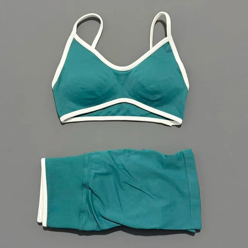 HISTELLO 2 Piece Gym Set Women Seamless Sports Clothes Tummy Control Gym Shorts High Support Yoga Bra Top Pilates Fitness Sets
