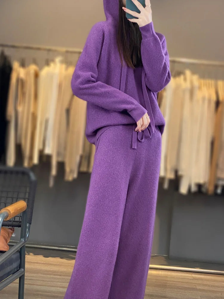 100%Australian Wool Knitted 2 Piece Sets Women Casual Long Sleeve Hooded Sweater Elastic High Waisted Wide Leg Pants Suit Outfit