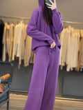 100%Australian Wool Knitted 2 Piece Sets Women Casual Long Sleeve Hooded Sweater Elastic High Waisted Wide Leg Pants Suit Outfit