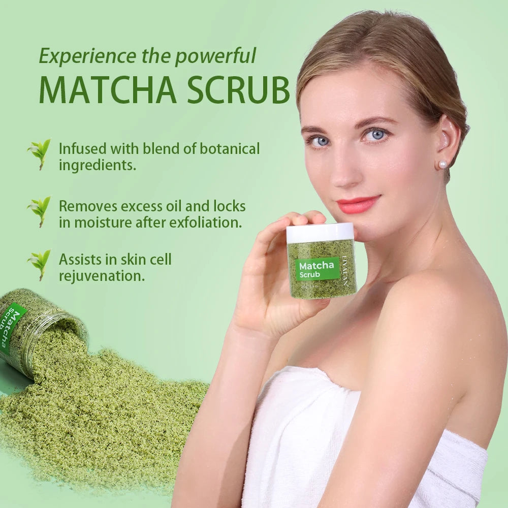 Matcha Green Tea Scrub Body Exfoliating Sea Salt Deep Cleansing Softening with Almond Oil Nourishing Moisturizing Even Skin Tone