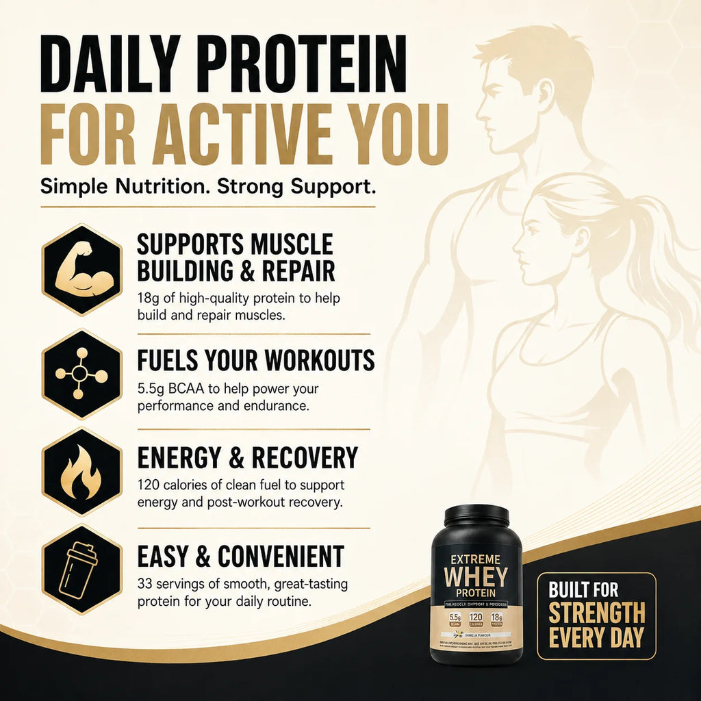 Whey Protein Powder 18g Protein 5.5g BCAA Vanilla Post-Workout Muscle Recovery & Growth Support 120 Cal 33 Servings Gym Fitness