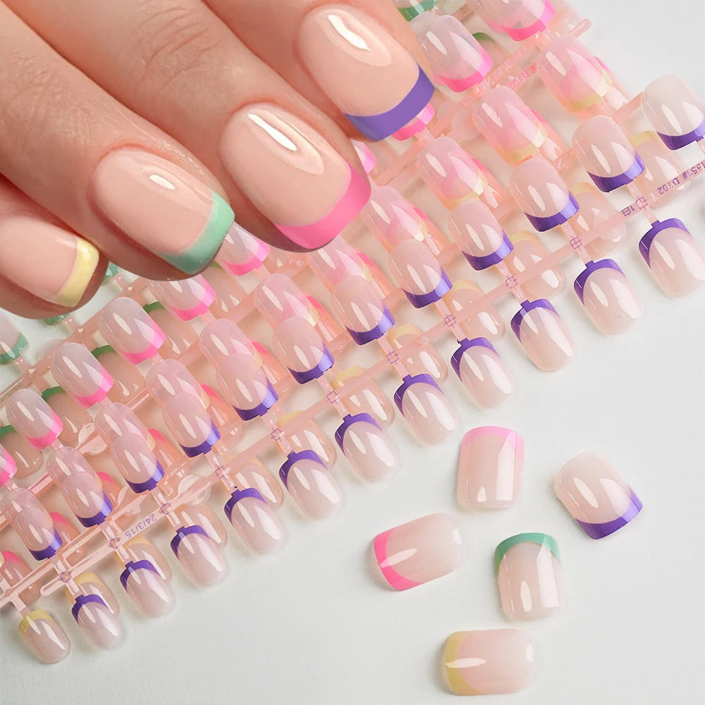 120Pcs French Colorful Wearable False Nails Short Square Fake Nails Full Cover Press on Nails Detachable Artificial Fingernails