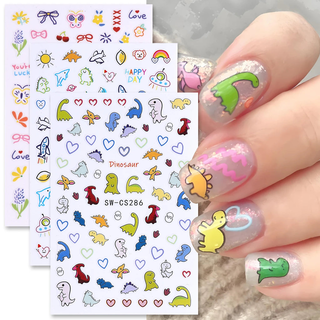 2/3pcs Adorable Graffiti Dinosaur Nail Stickers Simple Heart Dog Butterfly Bow Cartoon Design Colorful Decal Manicure Foil Wraps