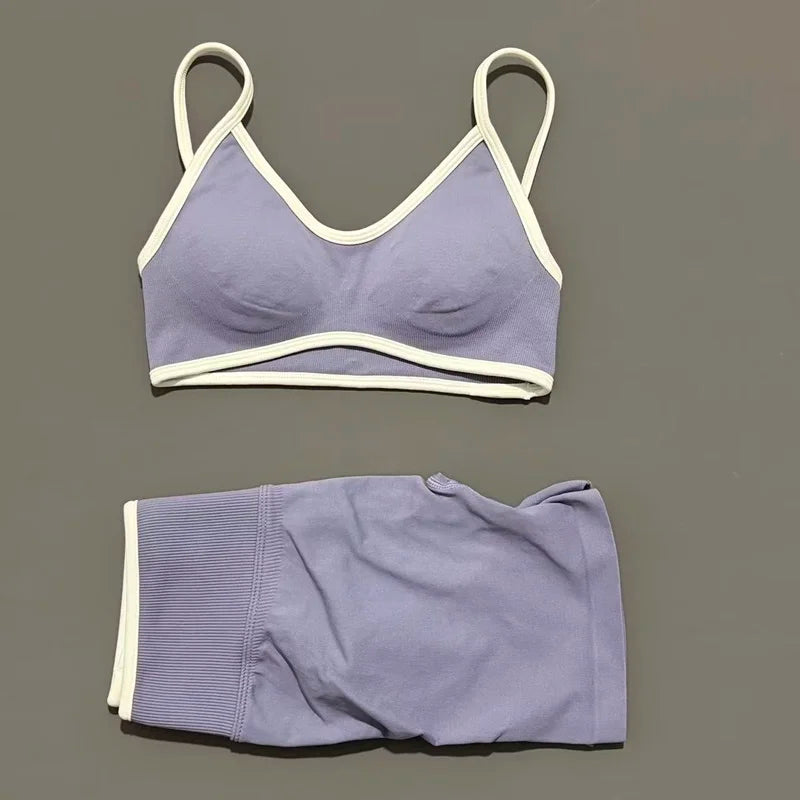 HISTELLO 2 Piece Gym Set Women Seamless Sports Clothes Tummy Control Gym Shorts High Support Yoga Bra Top Pilates Fitness Sets