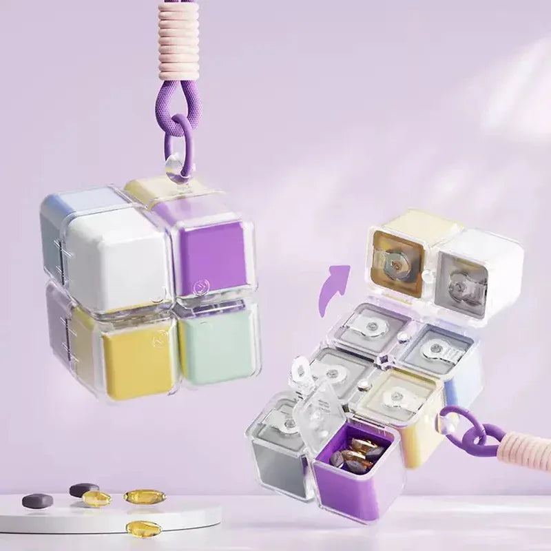 1PC Creative Magic Cube 8-Grid Medicine Storage Box, Sealed Moistureproof with Hanging Rope Travel Essential